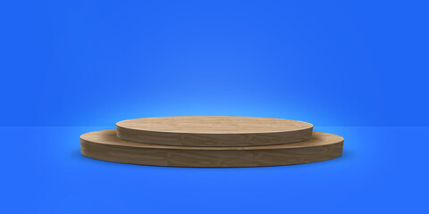 Round wooden podium or pedestal for showing product. Elegance luxury wood platform mockup. Stage...