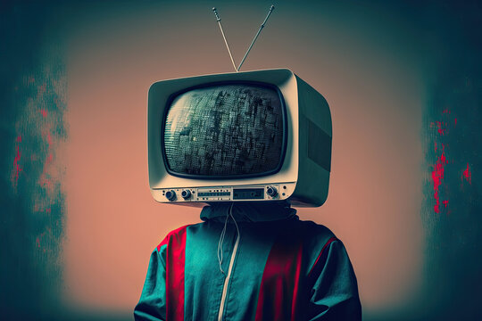 Generative AI illustration of a person with his head inside a television in vintage pop style. Artwork,conceptual.