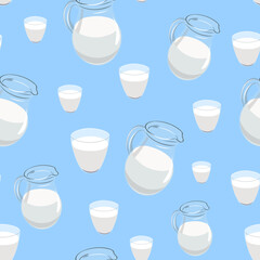 seamless pattern with jug of milk and glass of milk. pattern for fabric and background. Breakfast drink. 