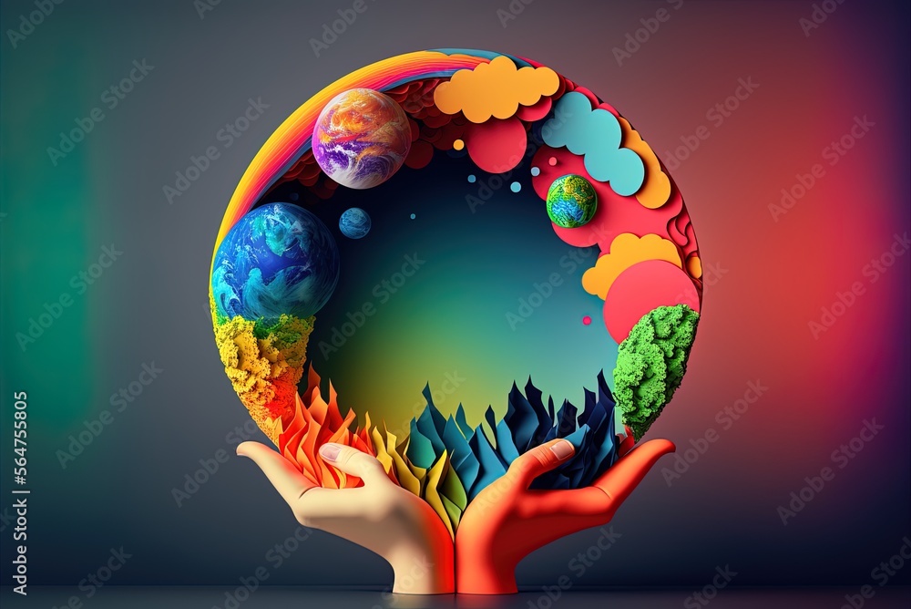 Poster Creative backdrop studio multicolored textures spherical template with room for text with an abstract depiction of a person's hand and torso Generative AI