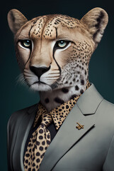 Female cheetah wearing a business suit and tie by generative AI