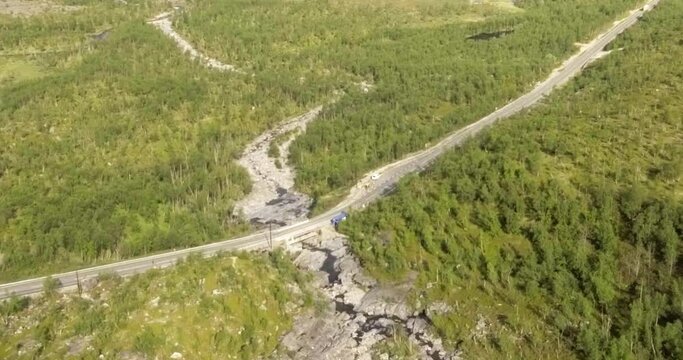 Aerial view of Galggojohka river on the E8 Nordlysveien road in summer when it&acute;s dried up, Storfjord, Troms og Finnmark, Norway. 