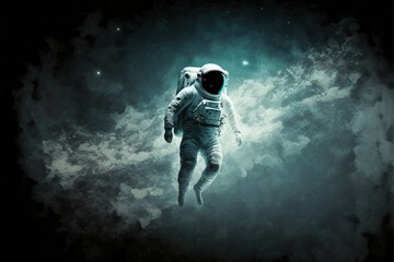 Obraz na płótnie Canvas One levitating astronaut in the starry deep cold lonely space, beautiful stylish desktop wallpaper, cold shades domination, high resolution cartoon pink, poster,picture, world, futuristic, universe.AI