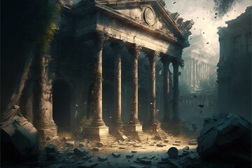 Ancient building with columns, beautiful illustration in high resolution, painting, poster, greece, egypt, antiquity, rome, civilization,history, wallpapers, mythology, legends, fantasy, archeology.AI