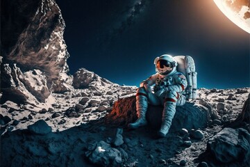 An astronaut in a spacesuit sits on a rocky surface high resolution stylish wallpaper, boundless space, sun light, exploration,adventure, wasteland, science, technology, colorful, fantasy, graphics.AI