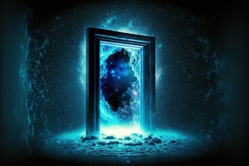 Blue holographic portal. Magic fantasy portal in neon style, high resolution, mythology, magic, interdimensional travel, teleportation, antique, surreal, futuristic, extraterrestrial technology.AI
