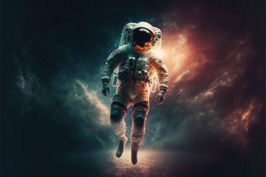 One levitating astronaut in starry deep cold lonely space, beautiful stylish desktop wallpaper, sun, warm and cold shades, high resolution cartoon pink, poster, picture, world, futuristic, universe.AI