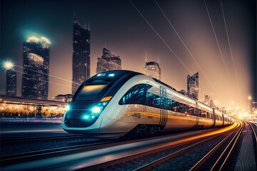 High-speed train at the station and a blurred city in the background, high resolution, high-quality image, travel, lighting, colorfulness, fast travel, be on time, technology, progress. AI - obrazy, fototapety, plakaty
