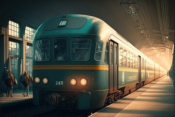 Fototapeta premium Modern public transport is waiting for passengers at the stopping point, sophistication, modernity and comfort emphasize modern design, technology development, travel speed, ticket, travel time. AI