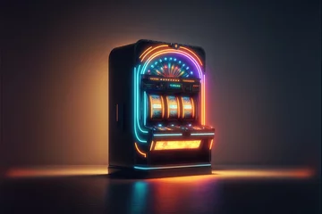 Deurstickers Picture One neon shining casino slot machine in an empty place in high resolution, excellent quality, entertainment, risk, passion, turnover of huge sums of money, abstraction, business. AI © Svitlana