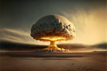 Illustration Powerful mushroom-shaped explosion in high resolution, dominance of warm colors, danger, breathtaking, abstraction, chemistry, doomsday, fire, ecology, scorched earth. AI - obrazy, fototapety, plakaty