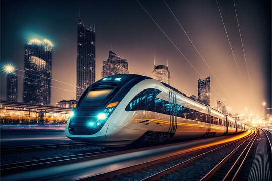 High-speed train at the station and a blurred city in the background, high resolution, high-quality image, travel, lighting, colorfulness, fast travel, be on time, technology, progress. AI