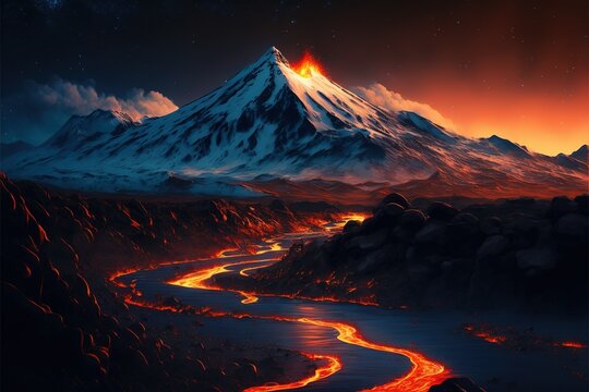 Image Night fire mountain and the wit of the volcanic landscape, high resolution, wallpaper, bright red hot magma flowing down to the very foot of the volcano forming a scorching river. AI