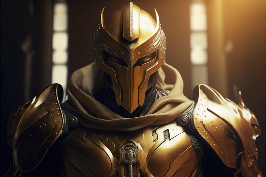 Portrait of an elite soldier, equipped in golden-white combat armor in high resolution, a confident look that will not hide a strong helmet, a warrior of good, a warrior of light,kingdom, a guard.AI