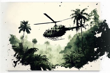 War helicopter flying over the vietnam jungle. Generative AI - obrazy, fototapety, plakaty