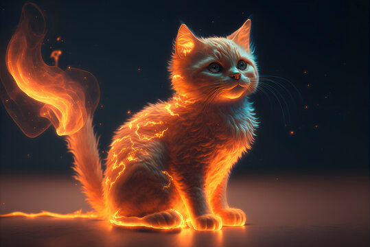 A cat sitting on the floor made of fire