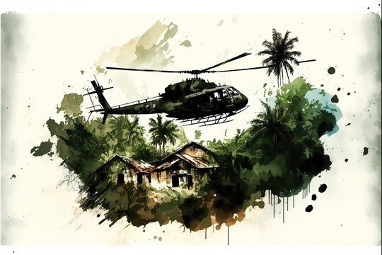War helicopter flying over the vietnam jungle. Generative AI