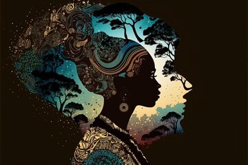 African woman illustration in profile, African colors, Black History Month. Generative AI