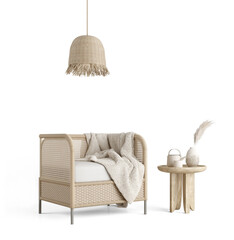 Boho style armchair with ceiling lamp and table © manow