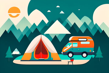 wallpaper desktop, forest, hike, campground. colorful and bright, flat design