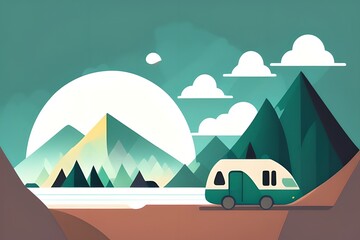 Fototapeta na wymiar wallpaper desktop, forest, hike, campground. colorful and bright, flat design