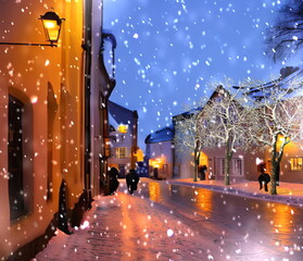  winter city people walk on street trees covered by snow in evening medieval old town  generated ai 