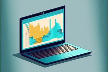 Chart illustration on laptop screen, blue background. Generative AI