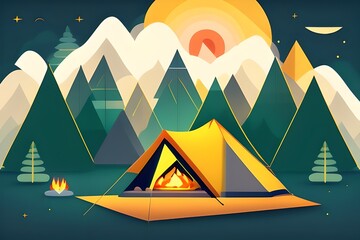 wallpaper desktop, forest, hike, campground. colorful and bright, flat design