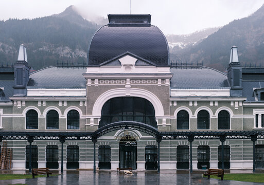 Panoramic picture of new hotel located in ancient train international station of Canfranc, Huesca.