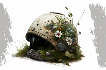 Obraz premium Painting of deteriorated war helmet with grass and flowers, digital illustration, white background. Generative AI