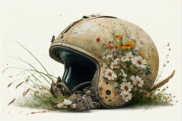 Naklejka premium Painting of deteriorated war helmet with grass and flowers, digital illustration, white background. Generative AI