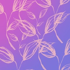 Pink-purple background with an ornament of leaves. Decor on the background in the form of large pink translucent stems. Template for illustrations, banners, postcards.