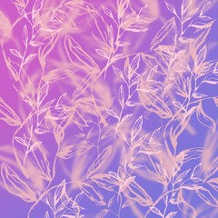 Pink-purple background with floral ornament, leaves. Decor on the background in the form of small pink translucent leaves. Template for illustrations, banners, postcards.