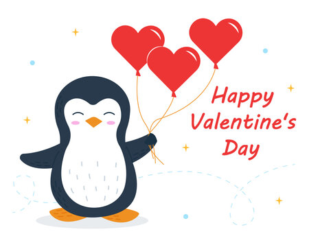 Valentine's Day greeting card with a cute penguin. Cartoon penguin with balloons-hearts. Vector illustration