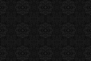 Embossed black background, ethnic cover design. Geometric 3D pattern, press paper. Boho style, art deco, vintage. Tribal floral textures of the peoples of the East, Asia, India, Mexico, Aztecs, Peru.