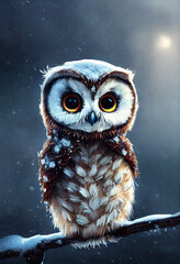 Cute baby owl in winter, Generative AI