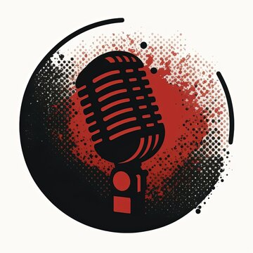 Red Microphone Icon In Circle, Podcast Logo, White Background. Generative AI