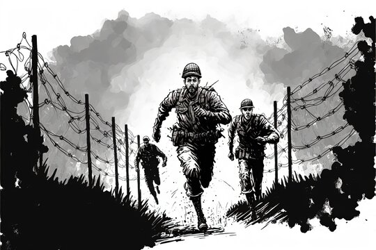 Black and white illustration of soldiers running across the battlefield. Generative AI