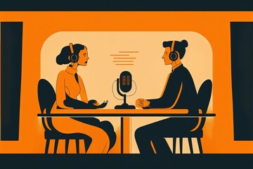 Fototapeta premium Minimalist illustration of two people on a podcast and table with microphone. Generative AI