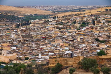 Aerial view of the Fez el Bali medina. Is the oldest walled part of Fez, Morocco. Fes el Bali was founded as the capital of the Idrisid dynasty between 789 and 808 AD.