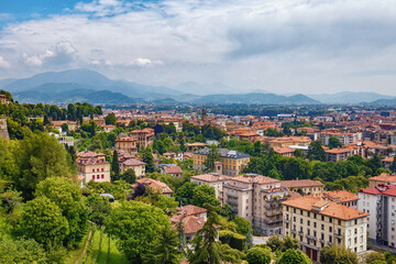 Fototapeta na wymiar Aerial view of the old town Bergamo in northern Italy. Bergamo is a city in the alpine Lombardy region.