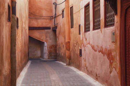 Empty narrow streets of the Meknes medina. Meknes is one of the four Imperial cities of Morocco and the sixth largest city by population in the kingdom.
