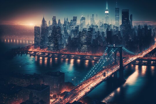 A nighttime panorama of New York City Generative AI