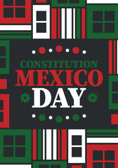 Mexico Constitution Day. National happy holiday, celebrated annual in February. Mexican pattern and colors. Patriotic elements. Festival design. Poster, card, banner and background. Vector