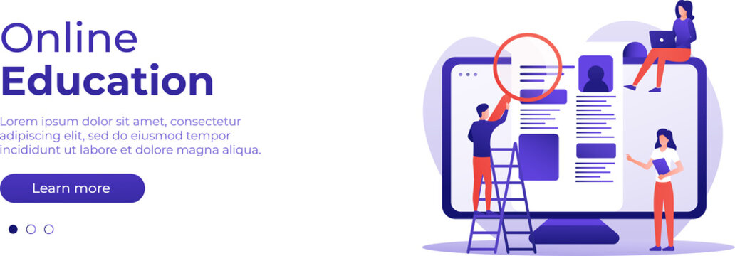 Online education concept. Vector layout for website page. Illustration in flat style with people studying remotely. Students learning online at home. PNG image