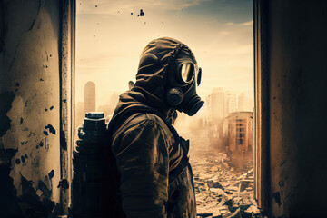 Man in gas mask post-apocalypse world. Digital illustration generative AI 