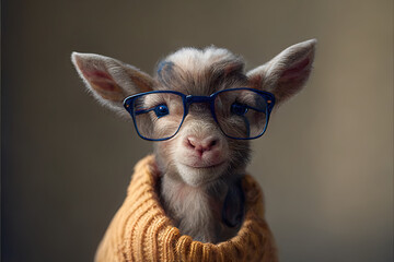 Fototapeta Baby Goat wearing clothes and glasses obraz