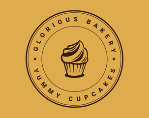 Bakery Logo. Cupcake Minimalist Logo Vector Illustration isolated on Yellow Background. Use for Bakeries, Cupcakes and Cookies Store Business. Flat Vector Logo Design EPS Editable Template