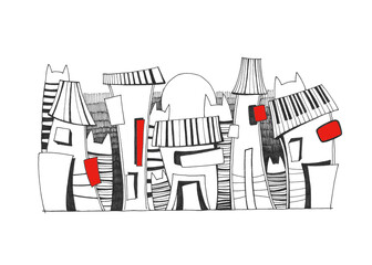 Obraz premium Cats and houses. Doodle buildings in city. A cartoon style street with cute houses. Fantasy street with cats silhouette art.