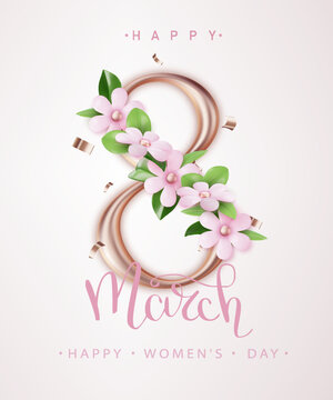March 8 with realistic pink flowers and heart. Happy women's day greeting card. International Women's Day poster